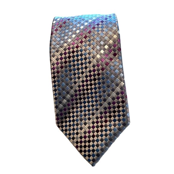 Haines & Bonner of London 100% Silk Handmade Tie Gray with Purple and Blue Diamo - Picture 1 of 3